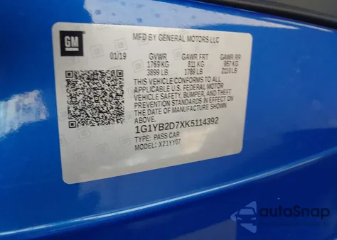 2019 Chevrolet Corvette Stingray z USA, uszkodzony, nr VIN 1G1YB2D7XK5114392